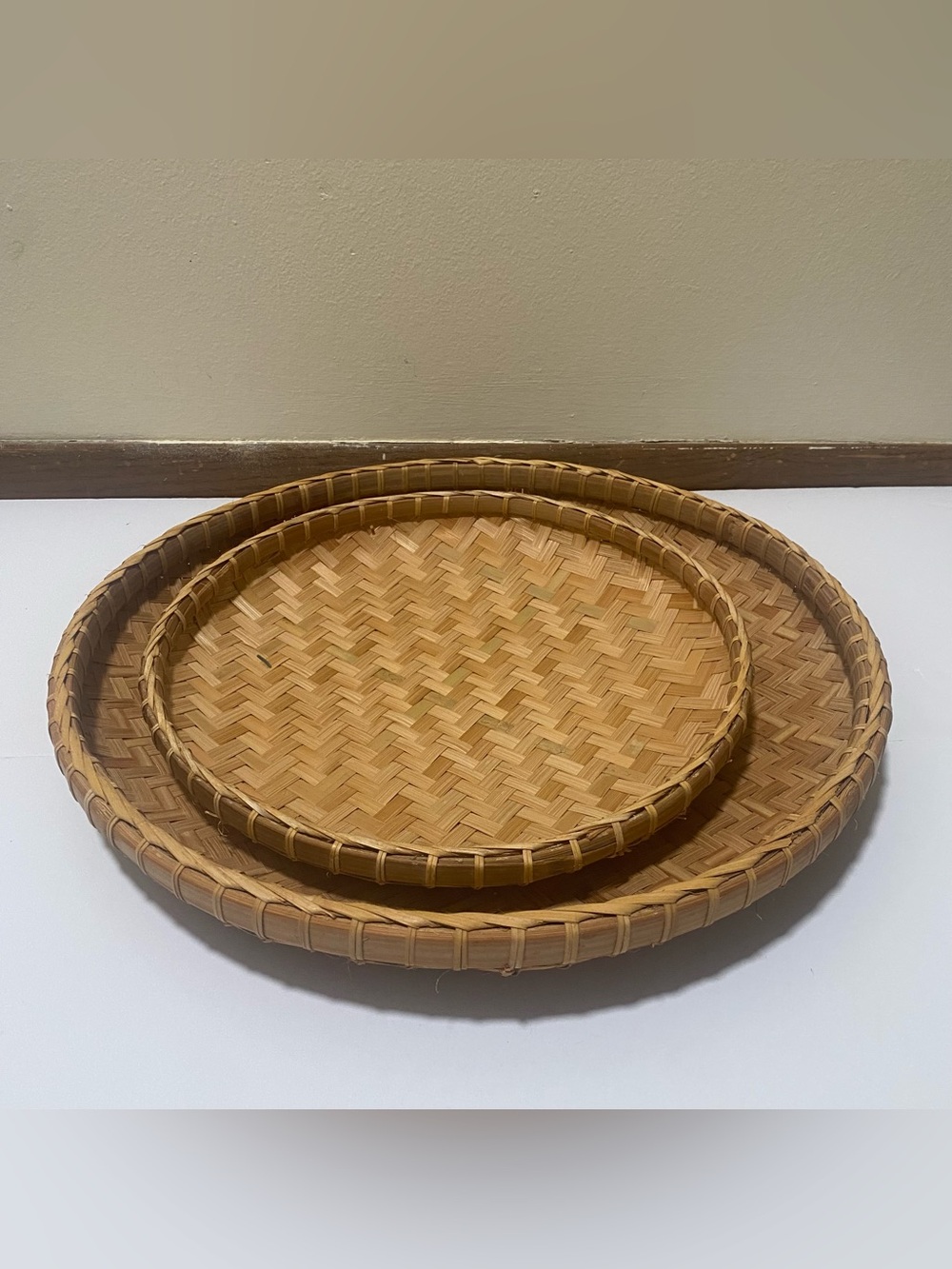 Set of 2 Vintage Boho Woven Bamboo Rattan Flat Winnowing Tray Baskets